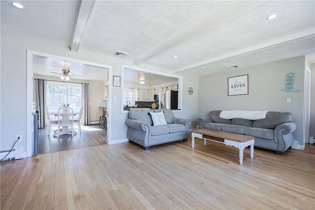 living room with visible vents, baseboards, beam ceiling, light wood-style flooring, and recessed lighting