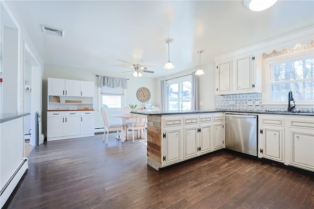 kitchen featuring visible vents, dark wood-type flooring, a sink, baseboard heating, and dishwasher