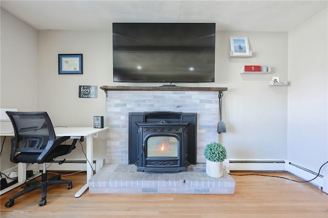 interior space featuring a wood stove and wood finished floors