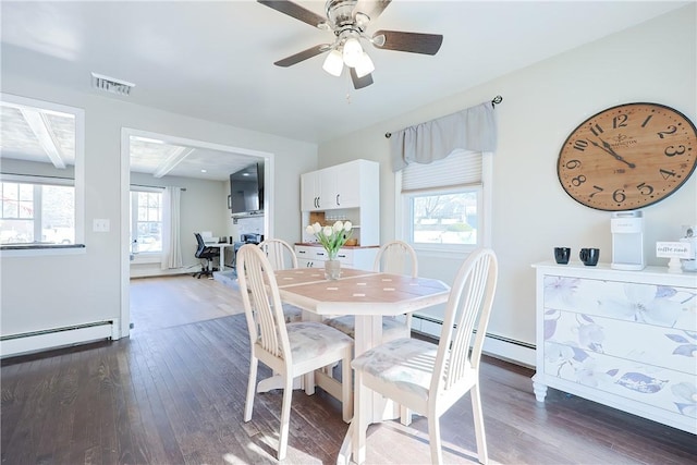 dining space with dark wood-type flooring, plenty of natural light, visible vents, and baseboard heating