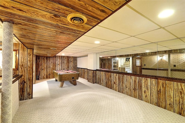 game room with wooden walls, visible vents, carpet, recessed lighting, and billiards