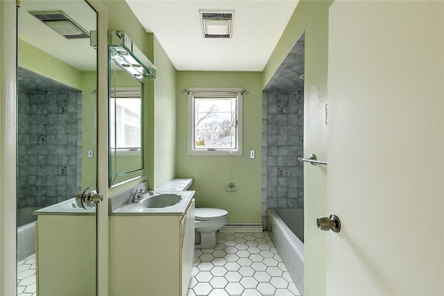 full bathroom with vanity, toilet, visible vents, and shower / bathtub combination