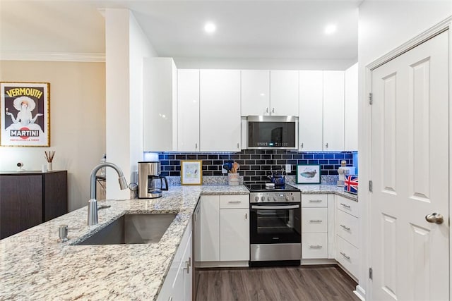 kitchen featuring a sink, decorative backsplash, dark wood-type flooring, white cabinets, and stainless steel appliances