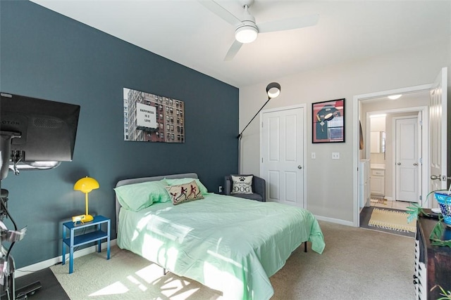 bedroom featuring baseboards, a ceiling fan, and carpet flooring