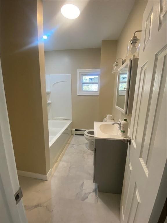 bathroom with toilet, marble finish floor, washtub / shower combination, a baseboard radiator, and vanity