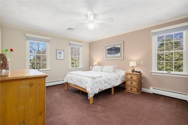 bedroom with visible vents, dark colored carpet, and a baseboard radiator