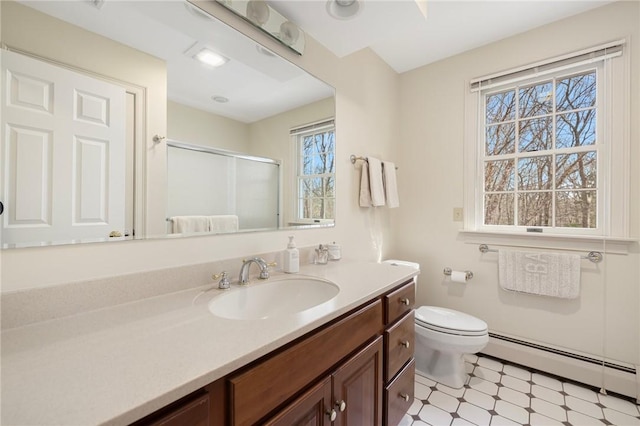 full bathroom with tile patterned floors, toilet, a shower stall, baseboard heating, and vanity