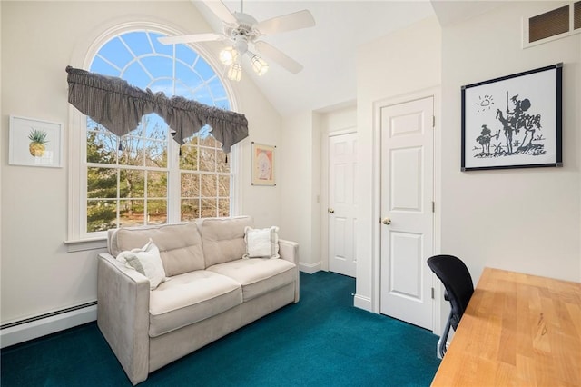 office space featuring visible vents, dark colored carpet, lofted ceiling, baseboard heating, and ceiling fan