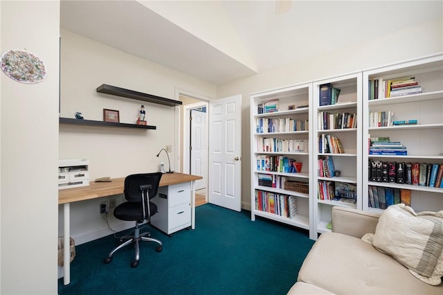 office space featuring dark carpet and baseboards