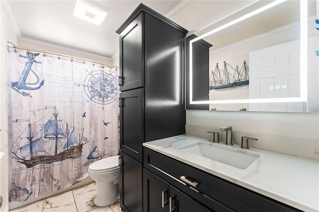 bathroom featuring crown molding, toilet, a shower with shower curtain, marble finish floor, and vanity