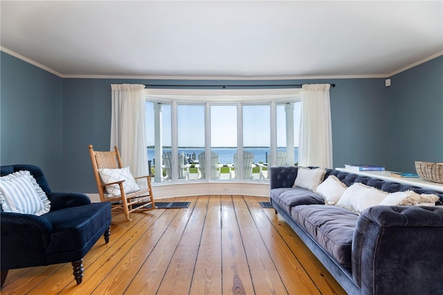 living area featuring a water view, ornamental molding, and light wood finished floors