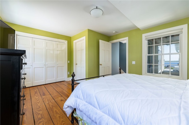 bedroom with wood finished floors and a closet