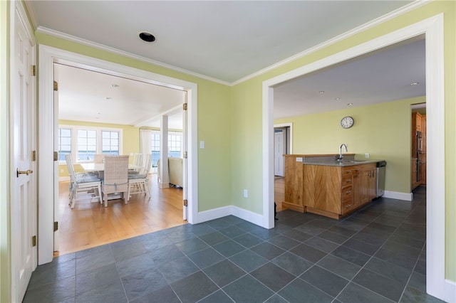 interior space with baseboards and ornamental molding