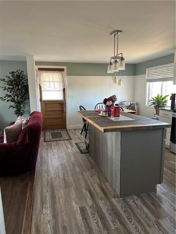 kitchen with dark wood finished floors, a center island, and pendant lighting