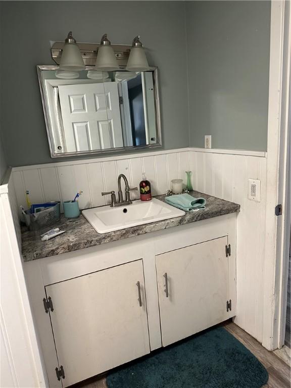 bathroom with wainscoting, vanity, and wood finished floors