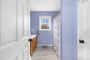 500 Kingstown Rd Unit 3B, Richmond, RI 02892 - bathroom featuring baseboards, wood finished floors, vanity, and a shower with curtain