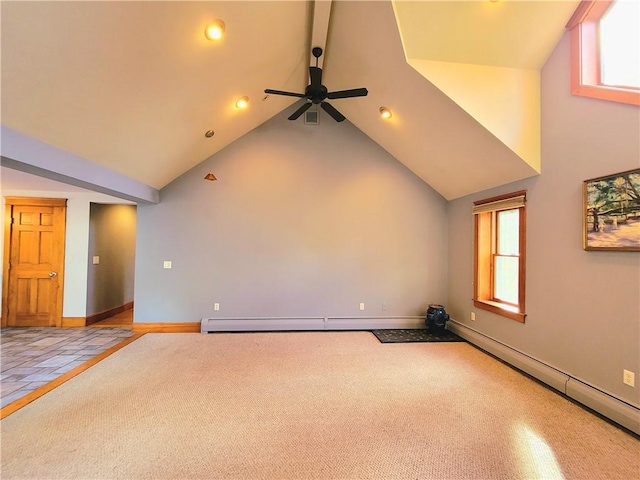 unfurnished living room featuring plenty of natural light, a ceiling fan, and a baseboard radiator