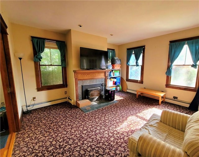 carpeted living area with baseboard heating, plenty of natural light, and baseboards