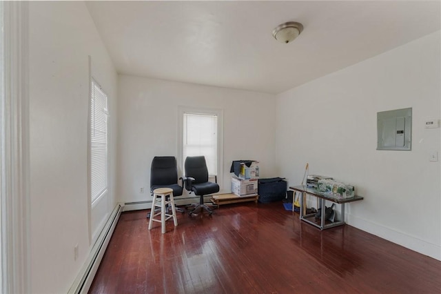 sitting room with hardwood / wood-style flooring, electric panel, baseboards, and a baseboard radiator