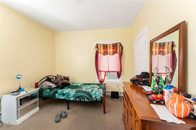 carpeted bedroom featuring baseboard heating and cooling unit