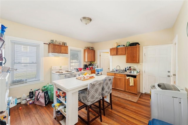 kitchen featuring under cabinet range hood, wood finished floors, and light countertops