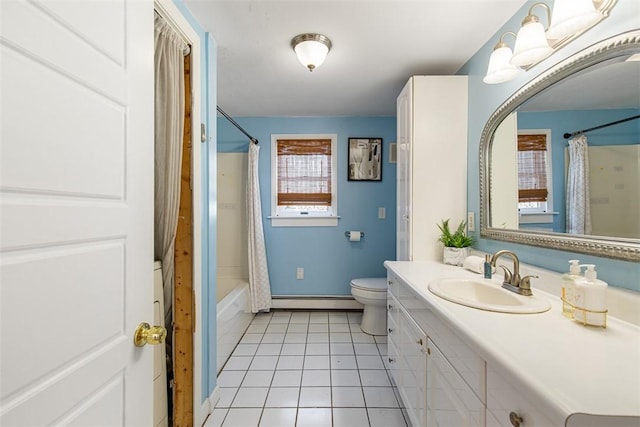 bathroom featuring shower / bath combo with shower curtain, toilet, a baseboard heating unit, tile patterned flooring, and vanity