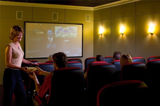 cinema with visible vents and crown molding