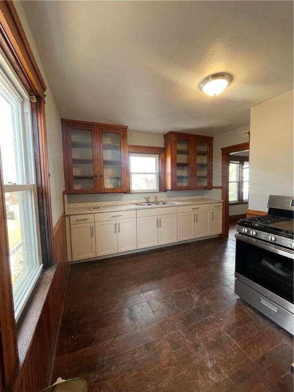51 Oakland Ave, Cranston, RI 02910 - kitchen with a sink, glass insert cabinets, plenty of natural light, and stainless steel gas stove