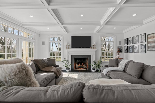 50 Kenyon Ave, East Greenwich, RI 02818 - living area with a fireplace with flush hearth, recessed lighting, coffered ceiling, and beam ceiling