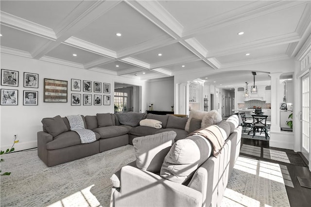 50 Kenyon Ave, East Greenwich, RI 02818 - living area featuring ornate columns, arched walkways, coffered ceiling, and beam ceiling