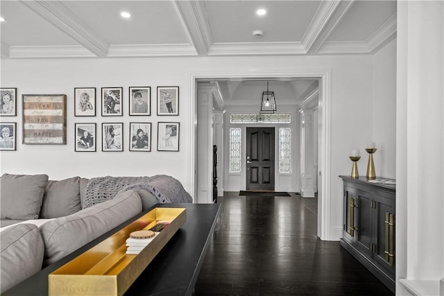 50 Kenyon Ave, East Greenwich, RI 02818 - living room featuring ornamental molding, recessed lighting, decorative columns, beam ceiling, and dark wood finished floors