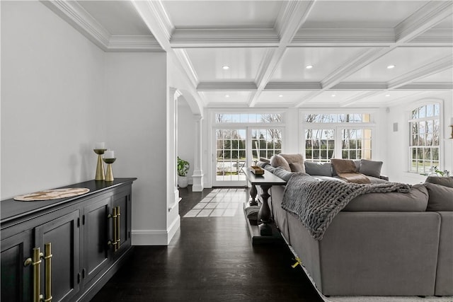 50 Kenyon Ave, East Greenwich, RI 02818 - living room featuring dark wood-style flooring, coffered ceiling, beamed ceiling, and a wealth of natural light