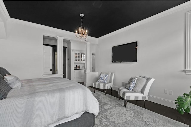 50 Kenyon Ave, East Greenwich, RI 02818 - bedroom with wood finished floors, crown molding, baseboards, and ornate columns
