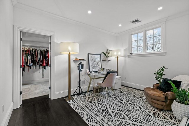 50 Kenyon Ave, East Greenwich, RI 02818 - office area featuring visible vents, baseboards, ornamental molding, wood finished floors, and recessed lighting