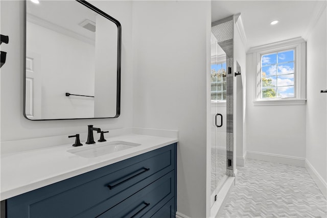 50 Kenyon Ave, East Greenwich, RI 02818 - bathroom with recessed lighting, vanity, baseboards, and a shower stall