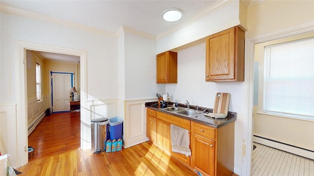 kitchen with a sink, a baseboard radiator, light wood-type flooring, and dark countertops