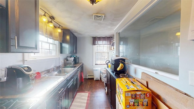 kitchen with dark wood-style floors, a healthy amount of sunlight, baseboard heating, and a sink