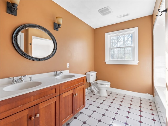 full bath with tile patterned floors, toilet, visible vents, and a sink