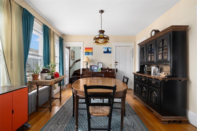 dining area with wood finished floors and radiator heating unit