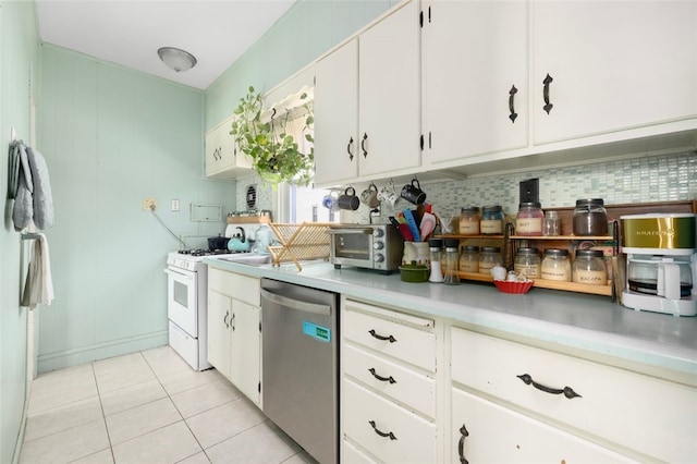 kitchen featuring light tile patterned floors, white cabinetry, white range with gas cooktop, light countertops, and stainless steel dishwasher