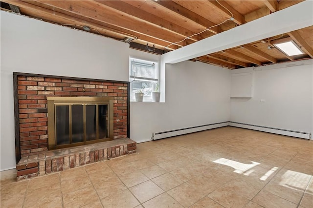 basement featuring a baseboard heating unit and a fireplace