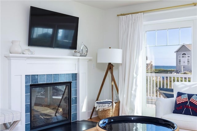 interior details featuring wood finished floors and a tiled fireplace