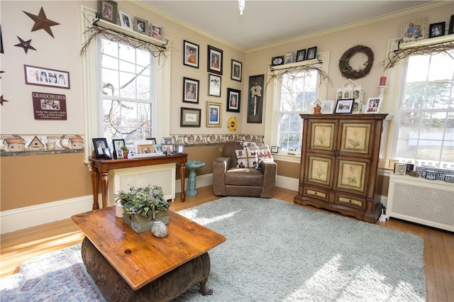 living area with radiator, wood finished floors, baseboards, and ornamental molding