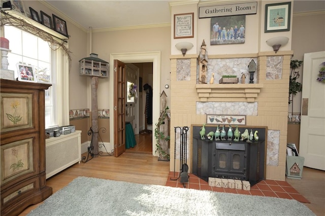 living room with a fireplace, crown molding, baseboards, and wood finished floors