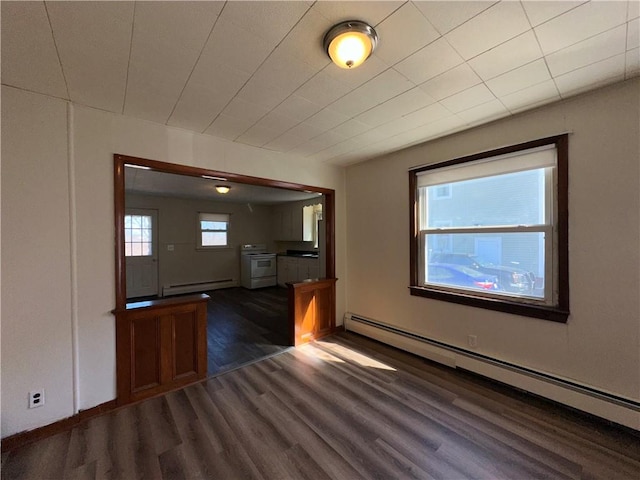 25 N Union St, Lincoln, RI 02865 - unfurnished living room with baseboard heating, dark wood finished floors, and baseboards