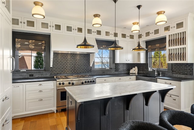 kitchen with white cabinets, high end range, a healthy amount of sunlight, and a sink