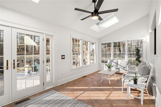 30 Lenihan Ln, East Greenwich, RI 02818 - sunroom featuring french doors, a skylight, plenty of natural light, lofted ceiling, and baseboards