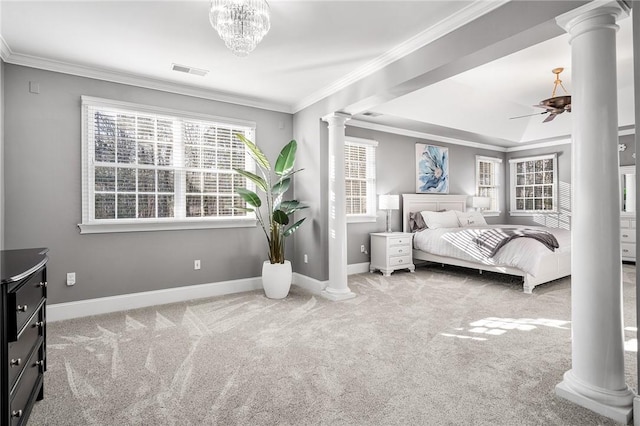30 Lenihan Ln, East Greenwich, RI 02818 - carpeted bedroom with ornate columns, crown molding, baseboards, and a chandelier