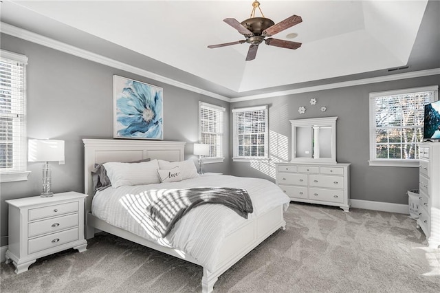 30 Lenihan Ln, East Greenwich, RI 02818 - bedroom featuring a raised ceiling, light colored carpet, baseboards, crown molding, and a ceiling fan