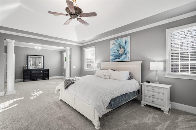 30 Lenihan Ln, East Greenwich, RI 02818 - carpeted bedroom with decorative columns, baseboards, a raised ceiling, ceiling fan, and crown molding